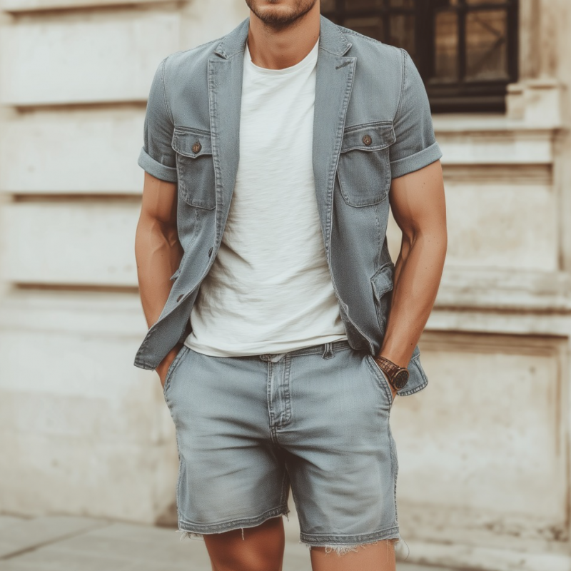 Herresett med korte ermer, denim, slitt jakke, hakkslag, flerlommers shorts, rå kant, MTA1842F1M
