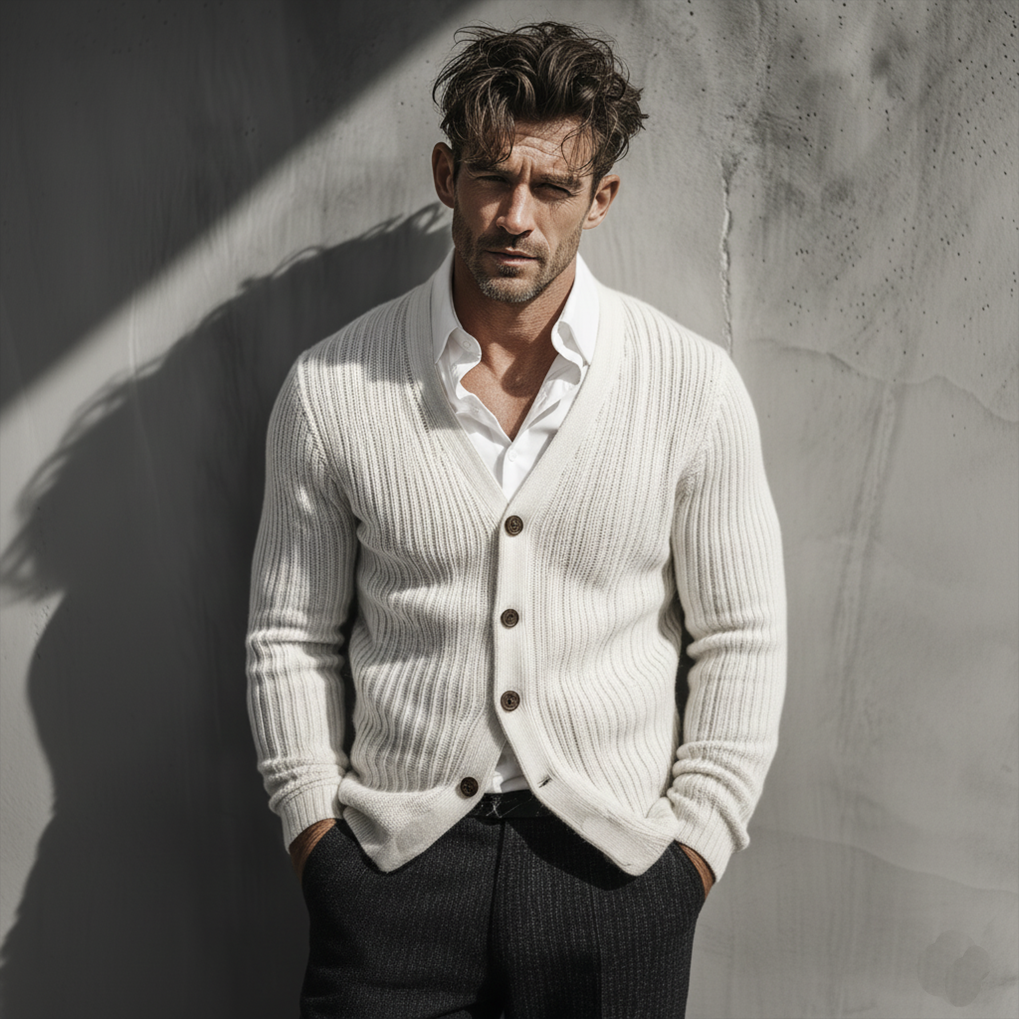 Men's Classic Casual White Slim Fit Knit Cardigan MTA2845J7K