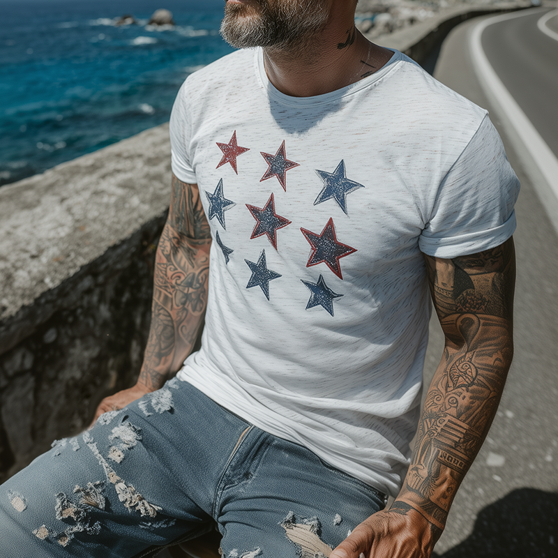 Men's Retro Casual Star Printed Round Neck Short Sleeve T-Shirt MTA1199G1TO