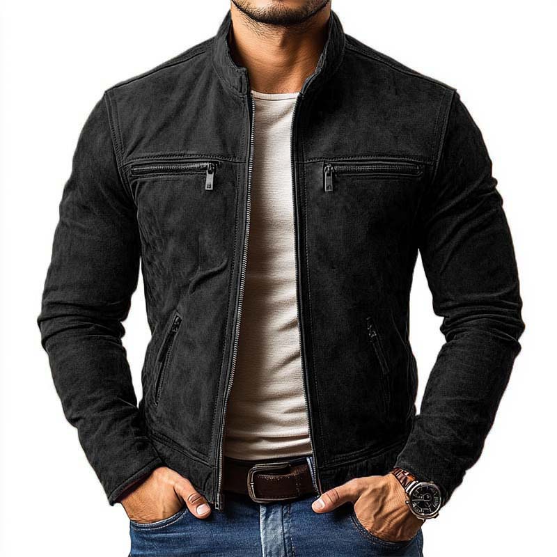 Chaqueta clásica informal de gamuza con cuello alto, cremallera y múltiples bolsillos para hombre 21868311K