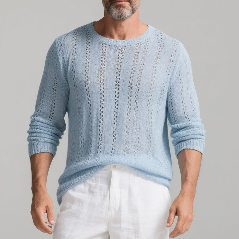 Men's Solid Color Hollow Out Knit Round Neck Long Sleeve Sweater MTA2863G9Z