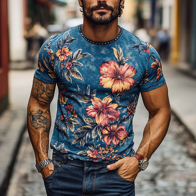 Men's Casual Holiday Style Printed Round Neck Short Sleeve T-Shirt MTA2473E1X
