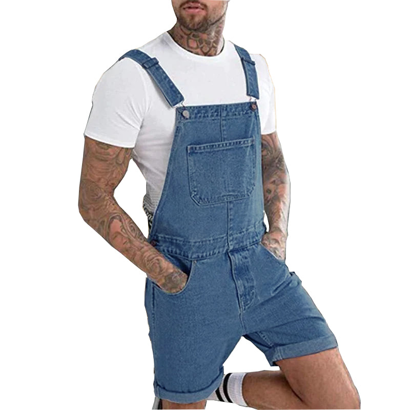 Men's Vintage Denim Ripped Cargo Shorts Jumpsuit Overall 65193363M