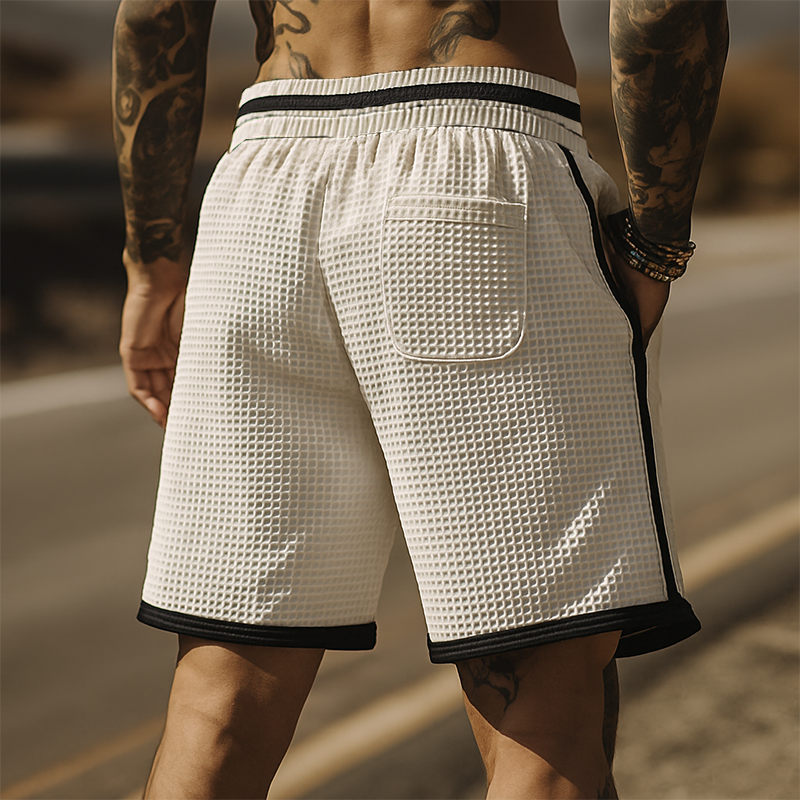 Men's Classic Casual Tough Style Waffle Black And White Stitching Letter Embroidery Elastic Waist Shorts MTA2418E9K