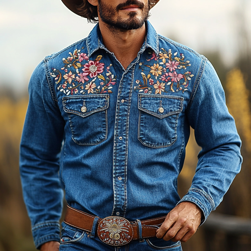 Men's Western Cowboy Style Embroidered Lapel Chest Pocket Long Sleeve Denim Shirt 93430400Z