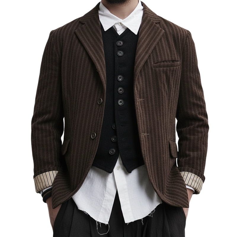 Men's Retro Brown Striped Two-Button Faux Wool Single-Slit Blazer MTA2836K8U