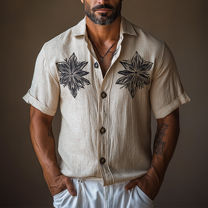 Men's Summer Retro Ethnic Style Monochrome Print Linen Short-Sleeved Shirt MTA2286E1P
