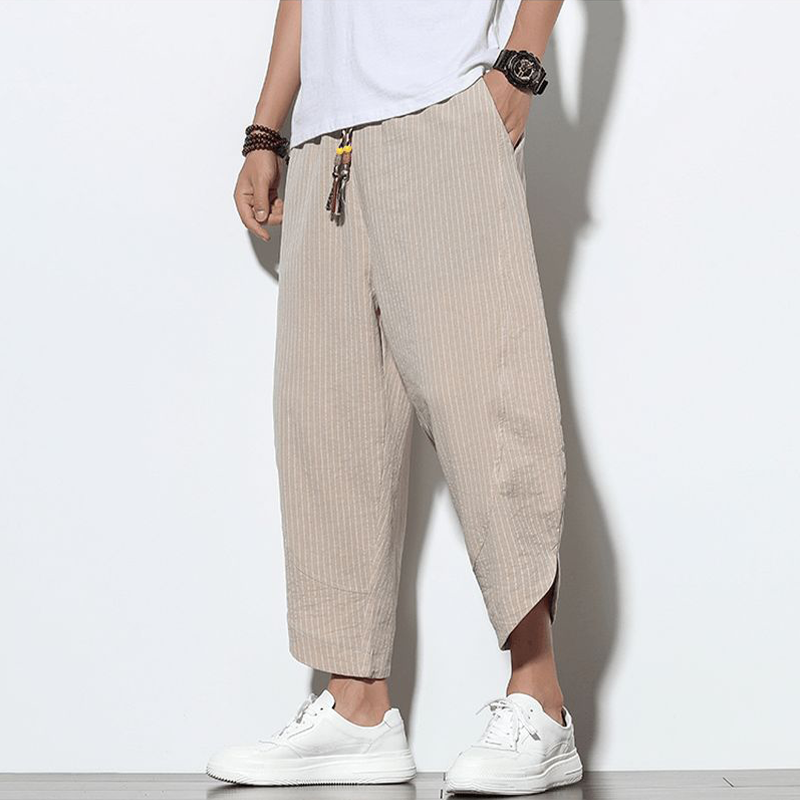 Men's Spring And Summer Casual Vertical Striped Cotton And Linen Trousers With Curved Elastic Waist And Loose Pants MTA1356F5K