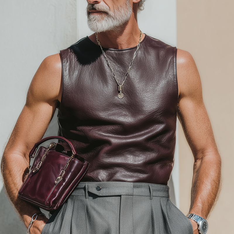 Men's Summer Fashion Leather Round Neck Sleeveless Tank Top MTA2055F6P