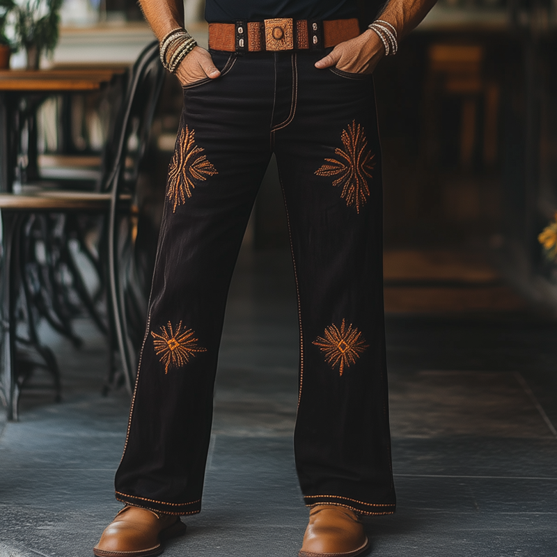 Men's Western Cowboy Style Vintage Embroidered Straight Pants MTA1336F8U