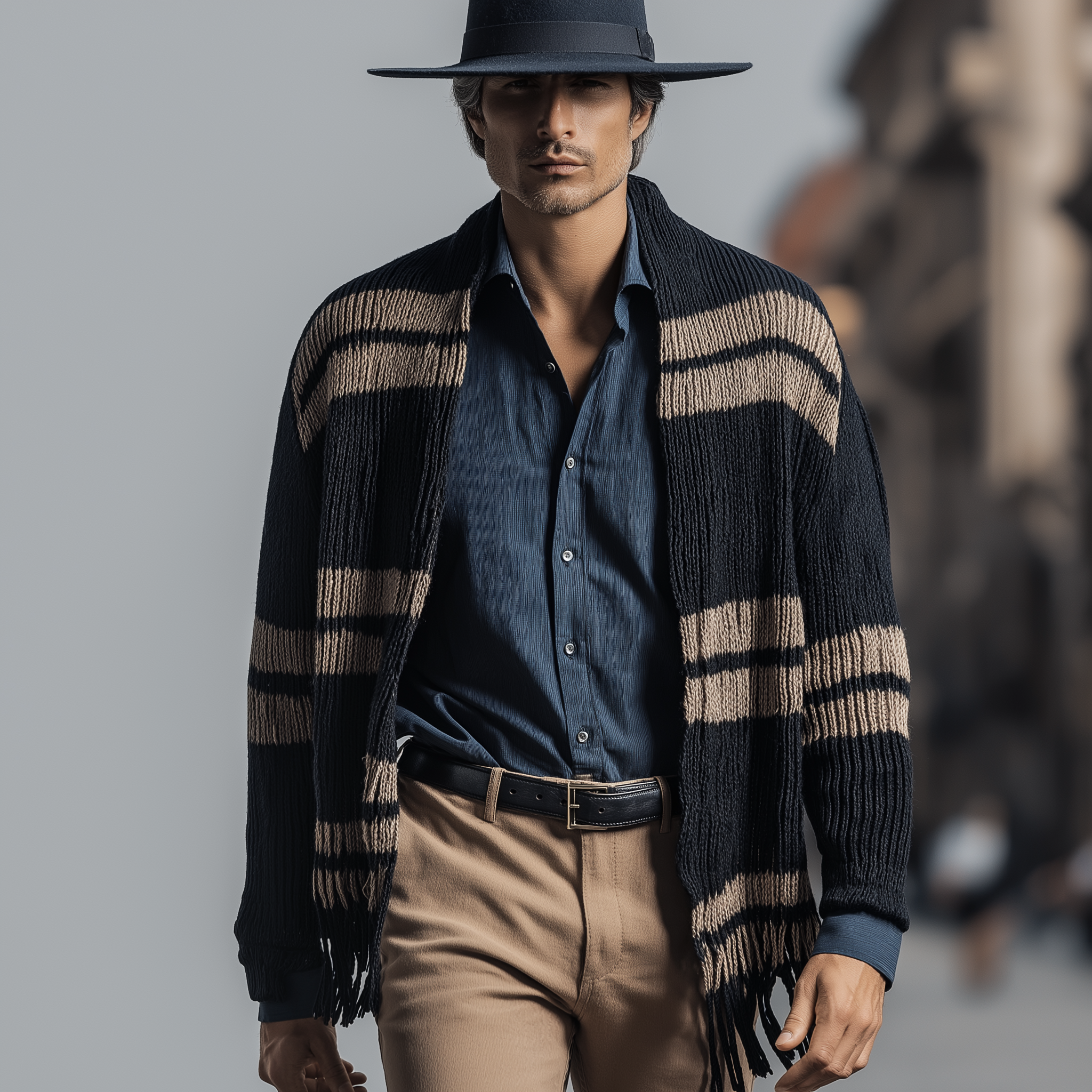 Men's Winter Fashion Striped Knitted Tassel Shawl Cardigan MTA0271I1P