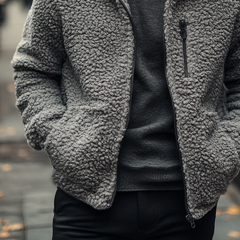 Men's Solid Color Fleece Stand Collar Zip-up Jacket MTA2659K5X