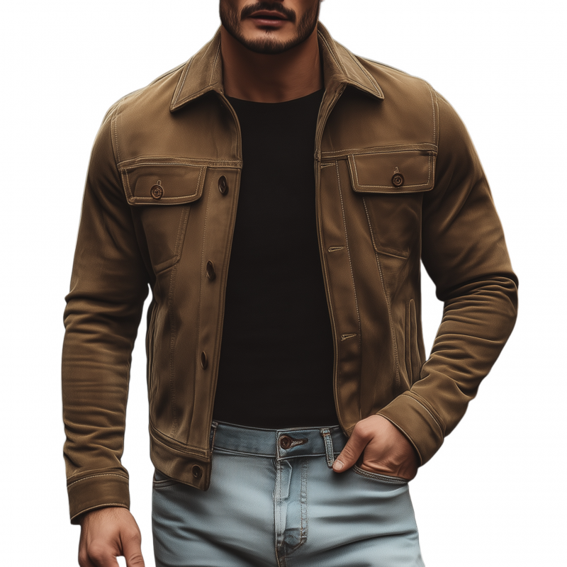 Men's Vintage Solid Color Faux Suede Lapel Single-Breasted Slim Fit Short Jacket MTA0874H3M