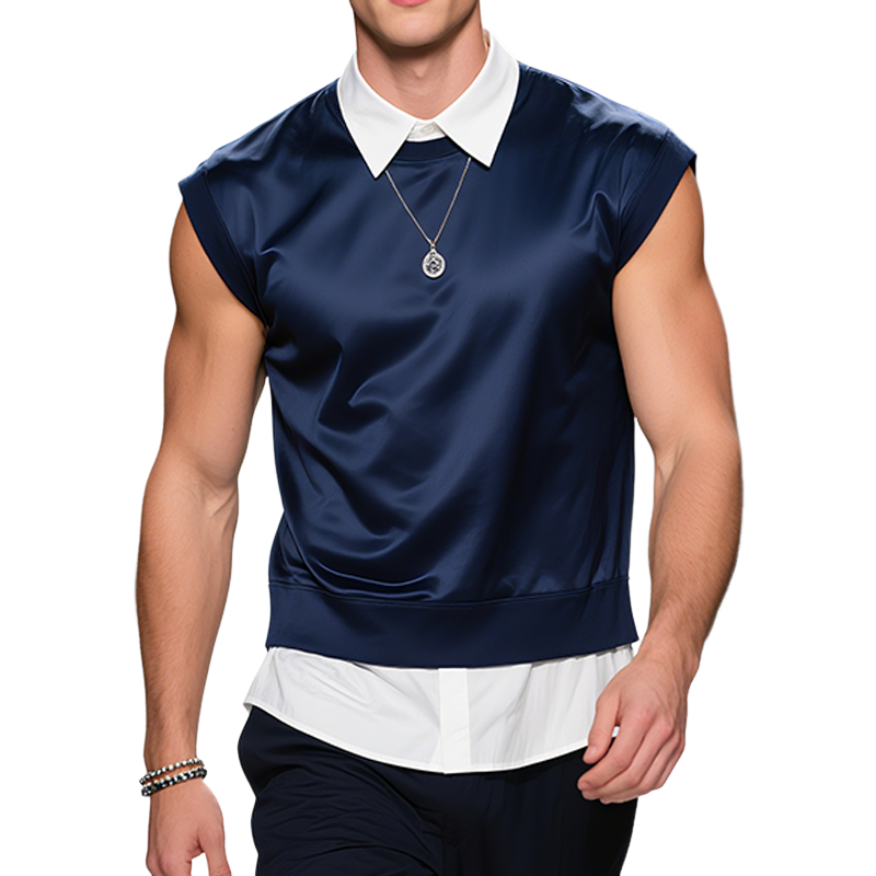 Men's Retro Casual Solid Color Fake Two Piece Sleeveless Shirt MTA2472F9TO