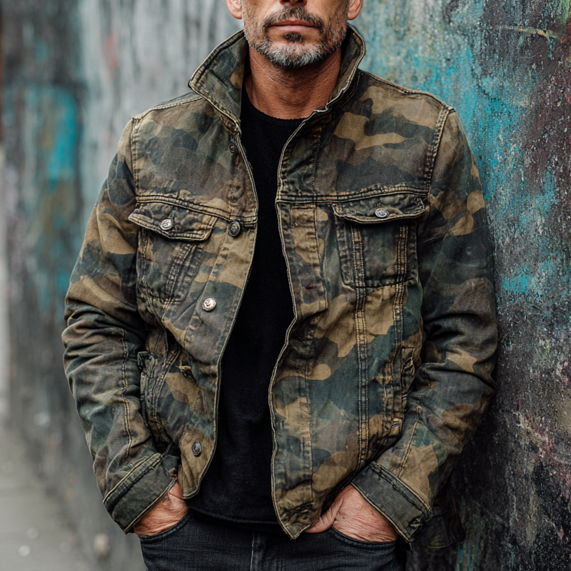 Men's Vintage Camouflage Outdoor Single-Breasted Jacket MTA1395H9X