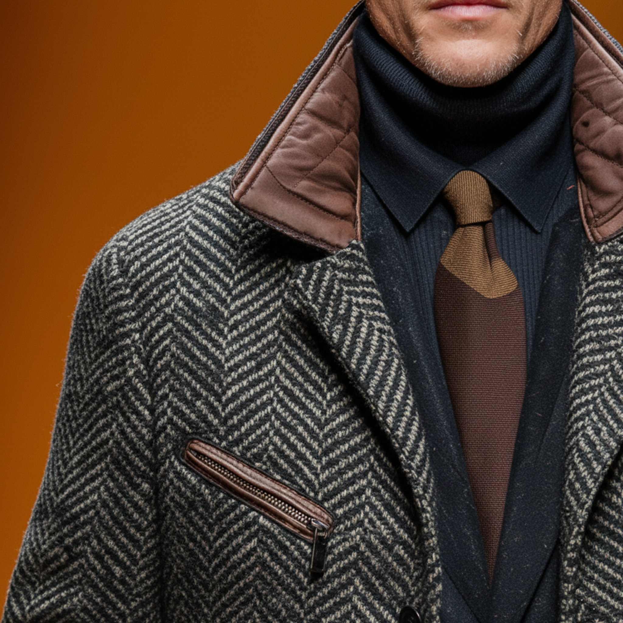 Men's Classic Retro Stand Collar Faux Herringbone Woolen Multi-pocket Jacket MTA1158J4K