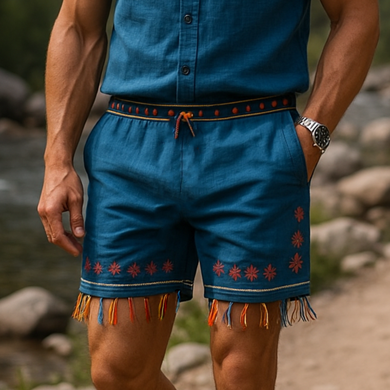 Men's Summer Fashion Embroidery Tassel Slub Linen Casual Shorts MTA1302F6P