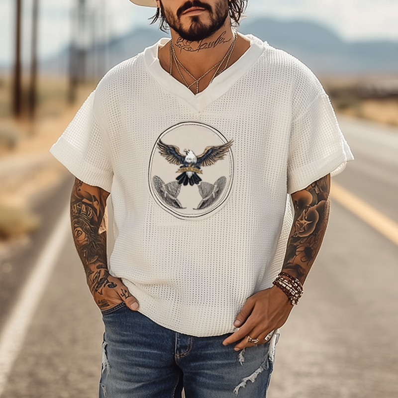 Men's Summer Fashion Casual Western Style Waffle Bald Eagle Embroidery V-neck Loose Short-sleeved T-shirt MTA2995E0K