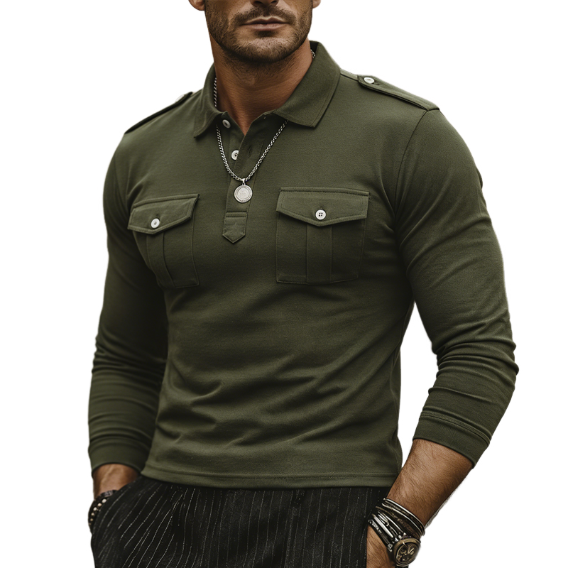 Men's Business Cotton Three-Button Polo Collar Slim Fit Long-Sleeve T-Shirt MTZ0743A1U