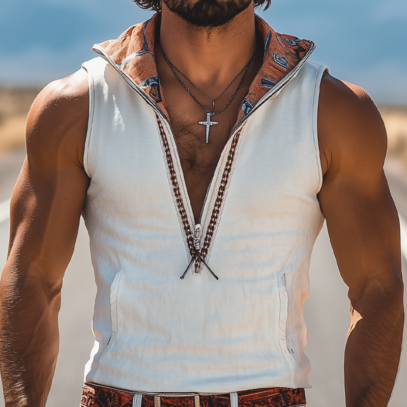 Men's Spring And Summer New Fashion Retro Western Cowboy Style Suede Hooded Printed Ribbon Deep V-Neck Tank Top MTA0956E8K