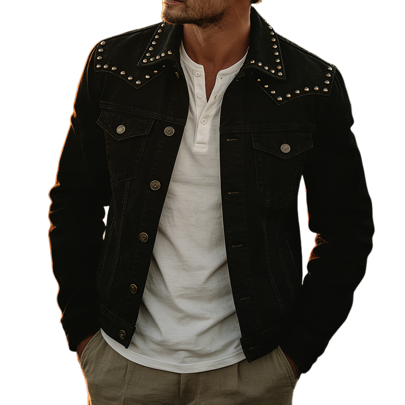 Men's Retro Casual Cotton Western Cowboy Lapel Button Jacket MTZ0534A4TO