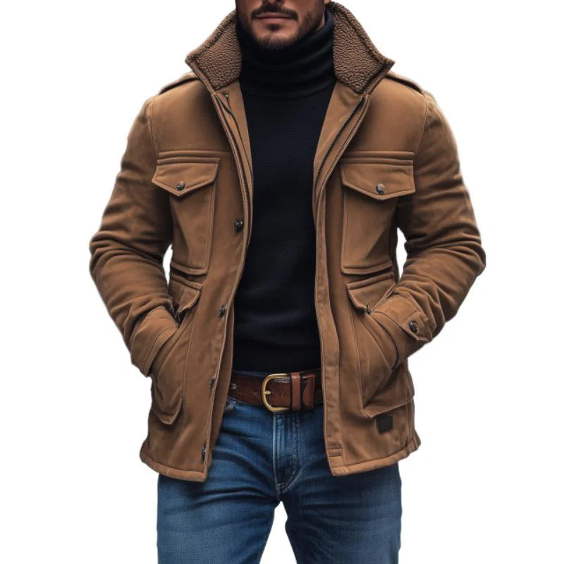 Cappotto da uomo vintage in pelle scamosciata con collo in pile patchwork multi-tasche e cerniera 99704034M