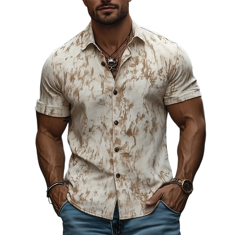 Men's American Retro Western Style Printed Slim Fit Short Sleeve Shirt 75332858K