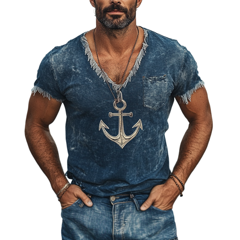 Herre-T-skjorte med nautisk ankertrykk og vasket vintage-denim MTA2554F0X
