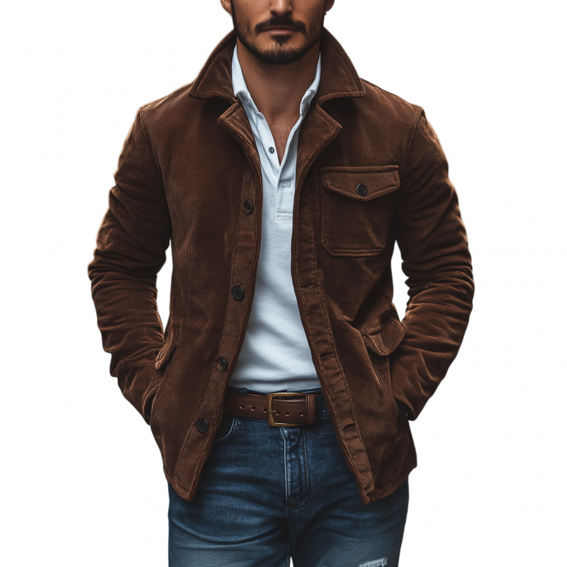 Men's Vintage Solid Color Corduroy Lapel Single-breasted Loose Cargo Jacket MTA1804H6M