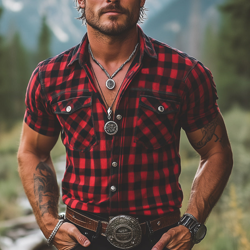 Men's Summer Retro Red And Black Plaid Button Short Sleeve Shirt MTA2678E3U