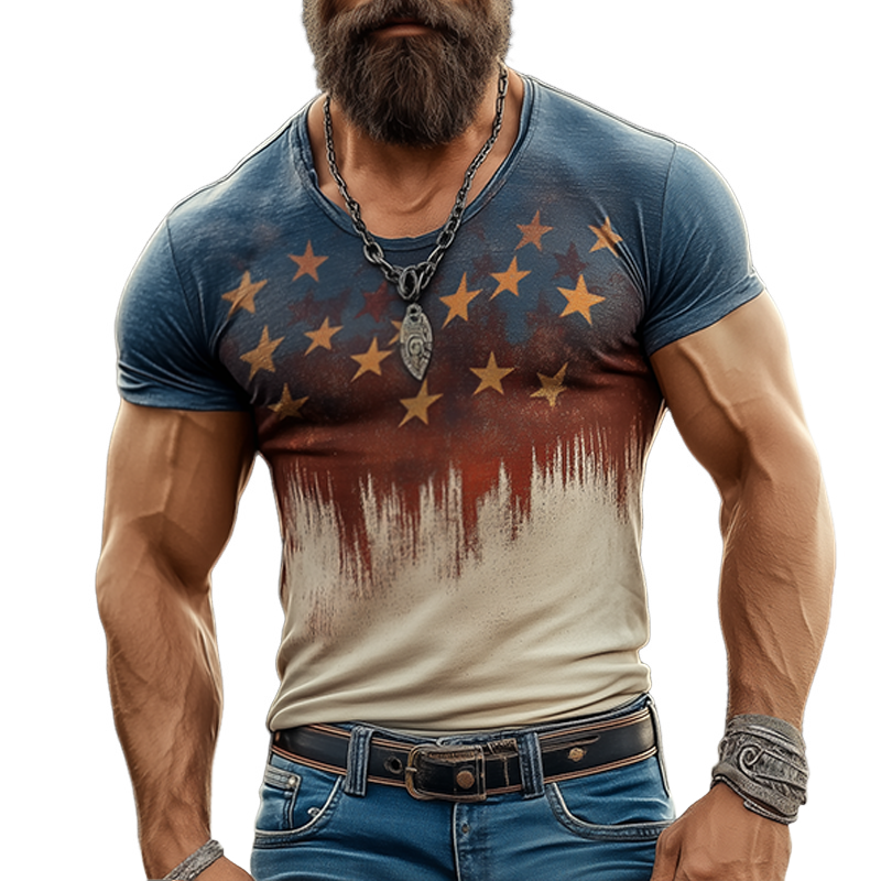 Men's Retro Burst Star Print Tough Round Neck Short Sleeve T-Shirt MTA3082F4TO