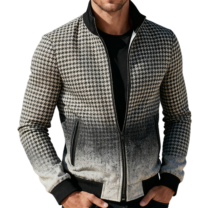 Men's Retro Casual Houndstooth Gradient Print Zip-Up Jacket MTA2491K9TO