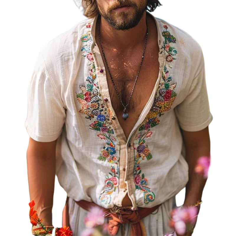 Men's Retro Casual Linen Embroidered Collarless Short Sleeve Shirt MTA2307E6TO