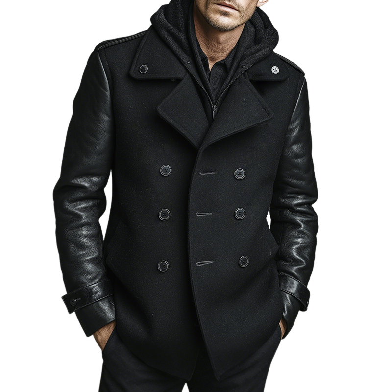 Men's Vintage Casual Faux Leather Panelled Double Breasted Jacket MTA1077J4TO