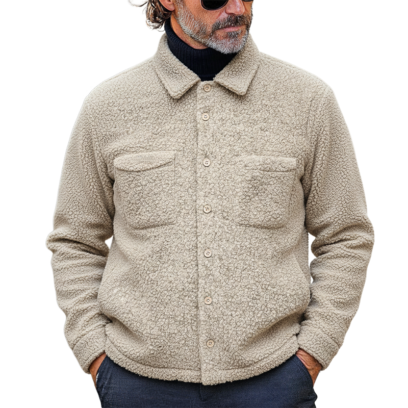 Men's Solid Color Casual Polar Fleece Lapel Multi-Pocket Jacket MTA3050I7X