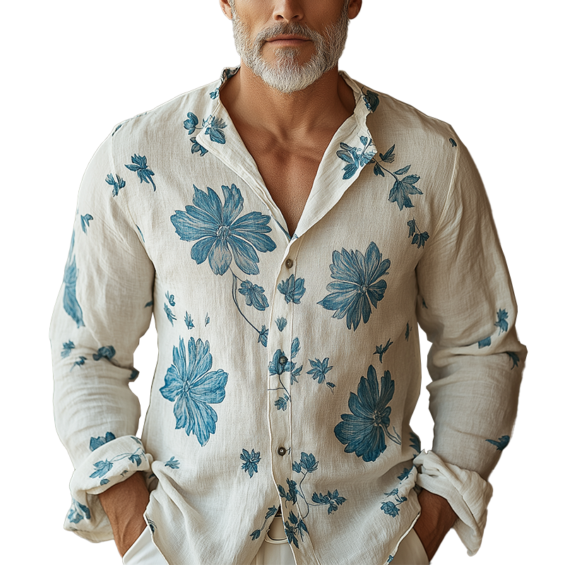 Men's Simple Printed Linen Long-sleeved Shirt MTA3058G3P