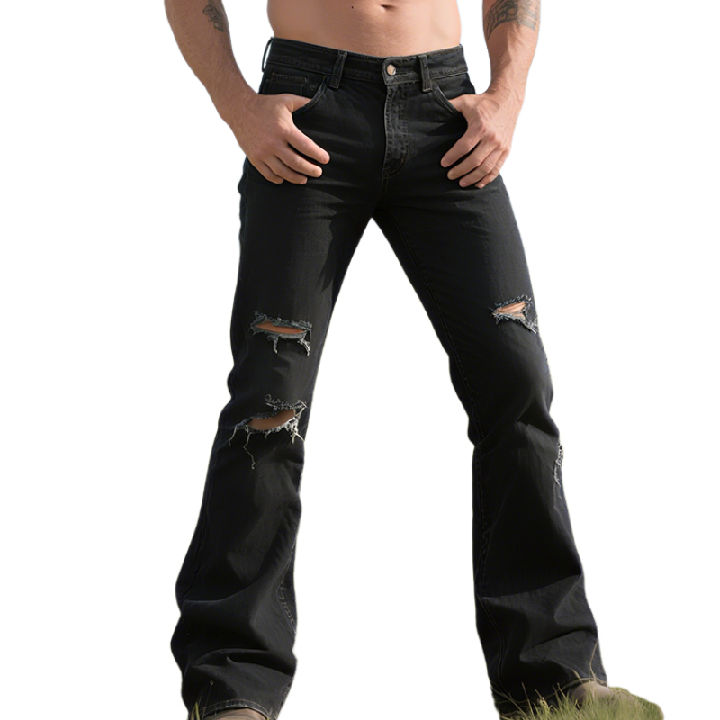 Men's Retro Western Cowboy Style Casual Denim Washed Ripped Trousers MTA1421E6TO