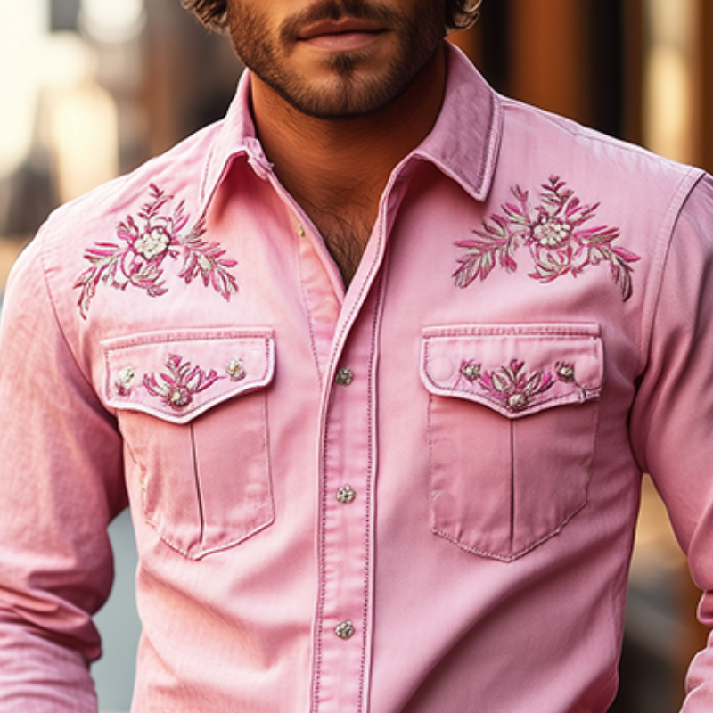 Men's American Retro Western Style Embroidered Long Sleeve Shirt 96546825K