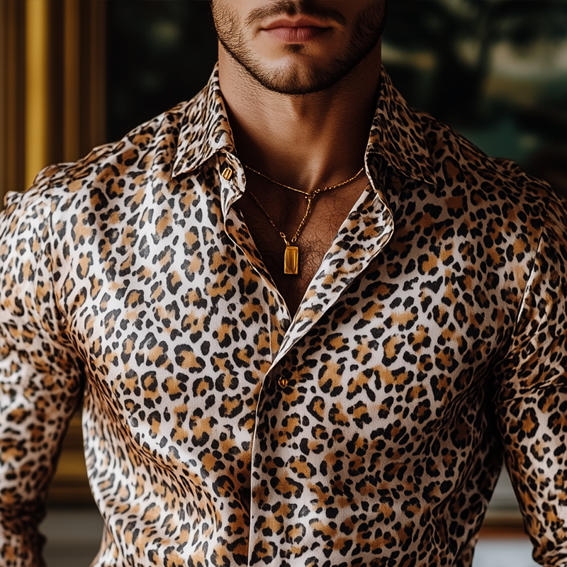 Men's Fashion Leopard Satin Lapel Single Breasted Long Sleeve Shirt 40110430Z