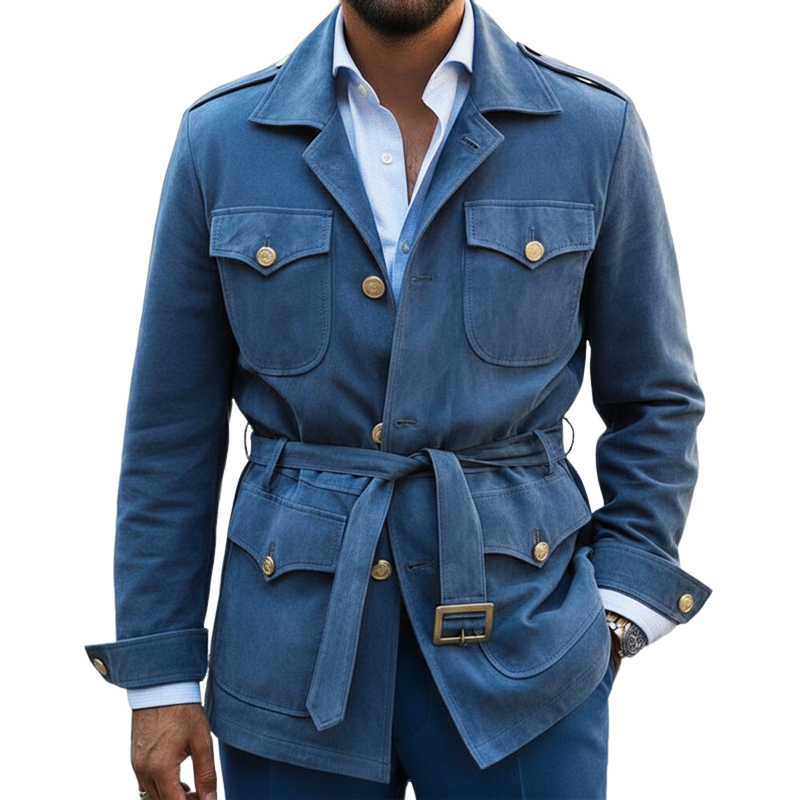 Men's Classic Vintage Blue Belted Suede Jacket MTA2499I9U