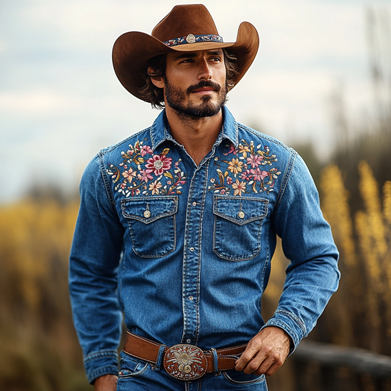 Men's Western Cowboy Style Embroidered Lapel Chest Pocket Long Sleeve Denim Shirt 93430400Z