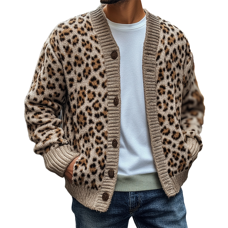 Men's Leopard Print Jacquard V-Neck Knit Cardigan MTA3088J3X