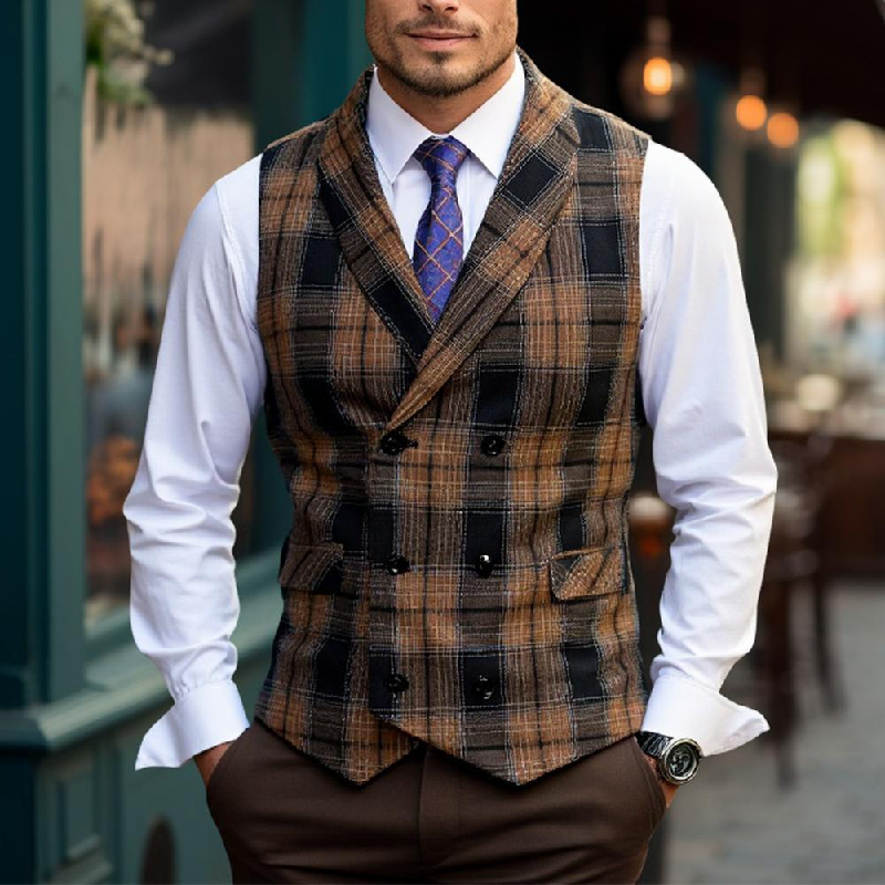 Men's Vintage Checkered Lapel Double-breasted Vest (shirt Not Included) 65090053X