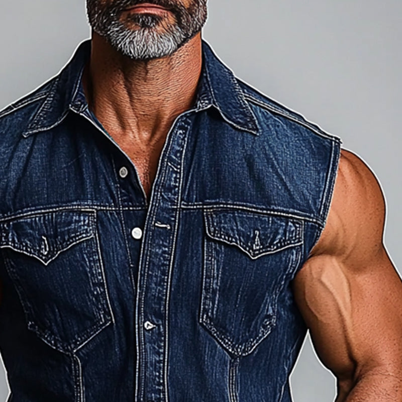 Men's Vintage Washed Lapel Denim Vest 84226341X