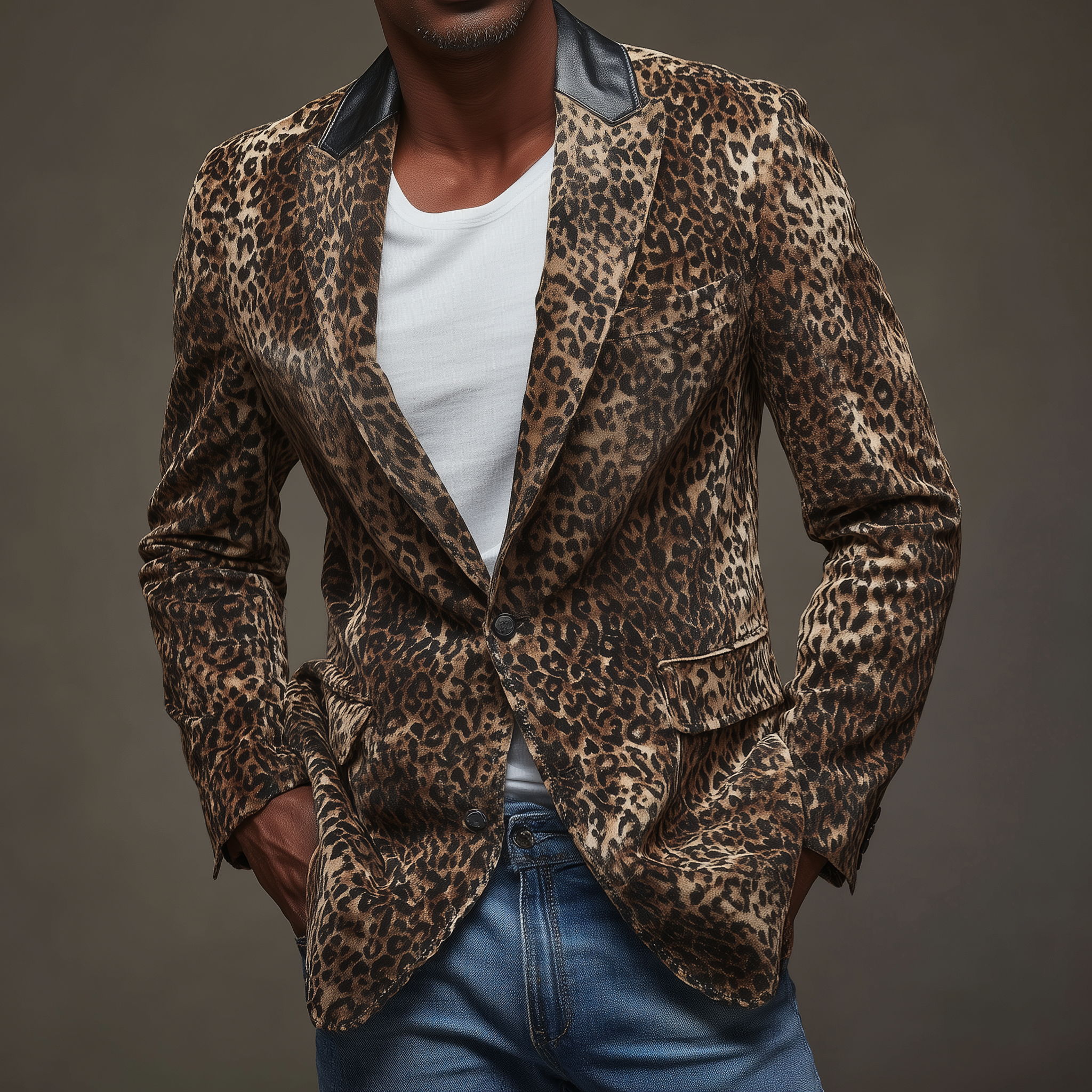 Men's Classic Retro Leopard Print Suede Collar Splicing PU Leather Single-breasted Slim-fit Blazer MTA0612H3K