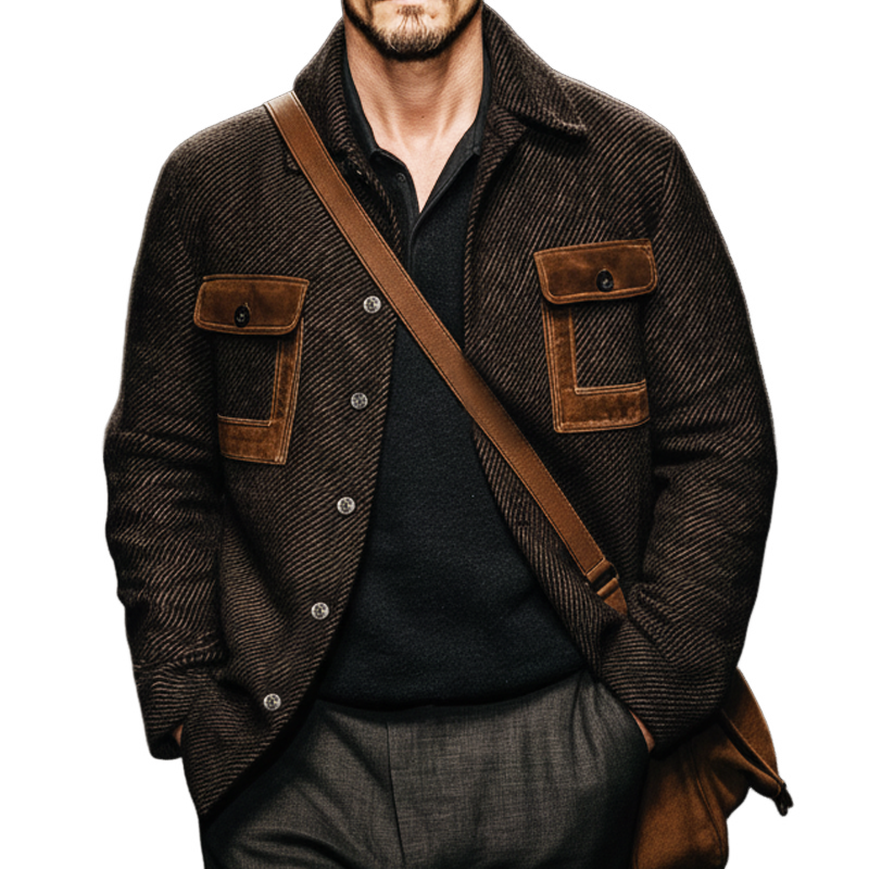 Men's Vintage Twill Faux Wool Patchwork PU Leather Jacket MTA2312J7U