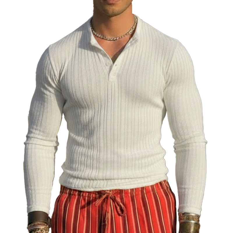 Men's Spring Fashion Ribbed Slim-fit Long-sleeve Henley Shirt MTZ2755A7P