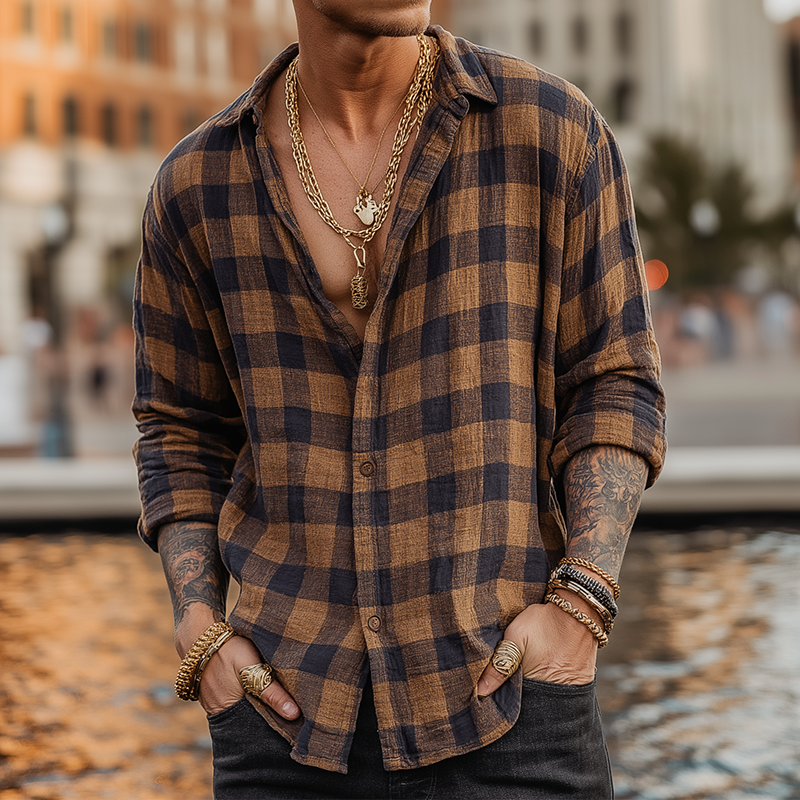 Men's Retro Casual Plaid Lapel Button-Down Long Sleeve Shirt MTZ0530A2TO