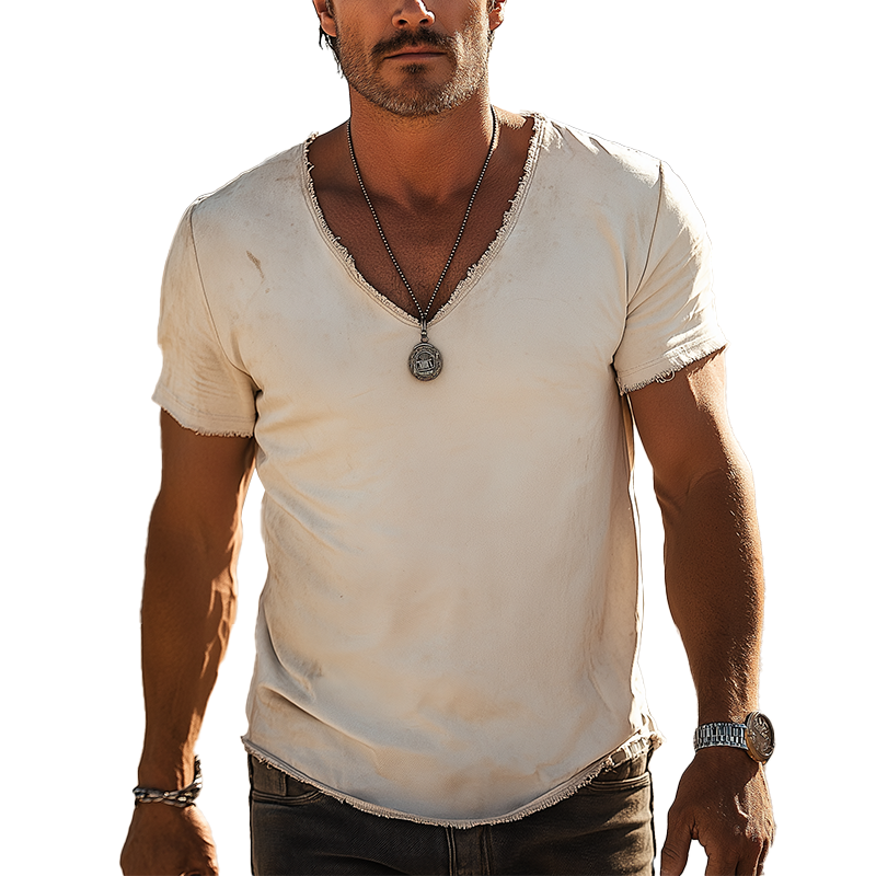 Men's Fashionable Distressed Raw Edge V-Neck Short-Sleeved T-Shirt MTA2965G3P