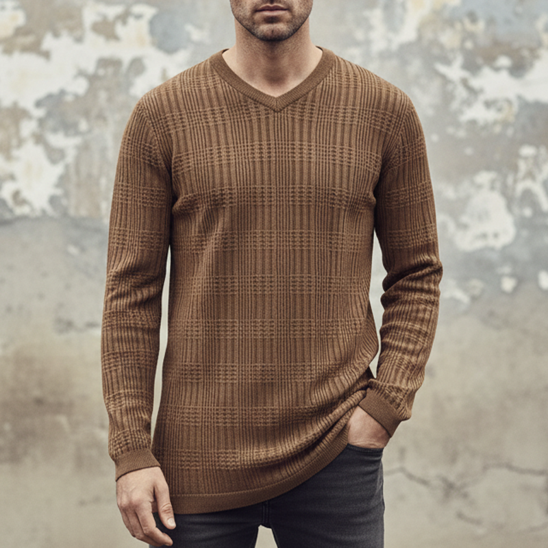 Men's Solid Color Casual Knitted V-neck Long-sleeved T-shirt MTA1004I8X